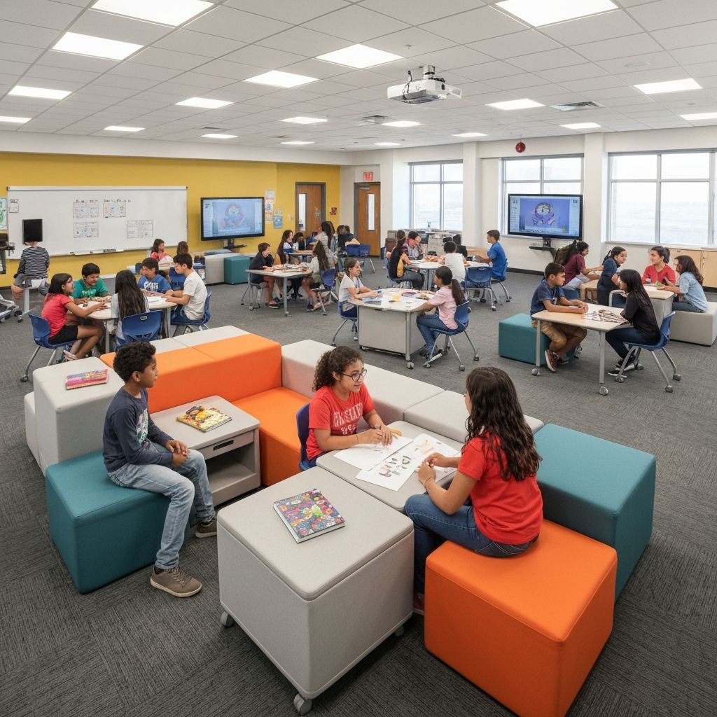Flexible classroom furnished with bundled desks and chairs