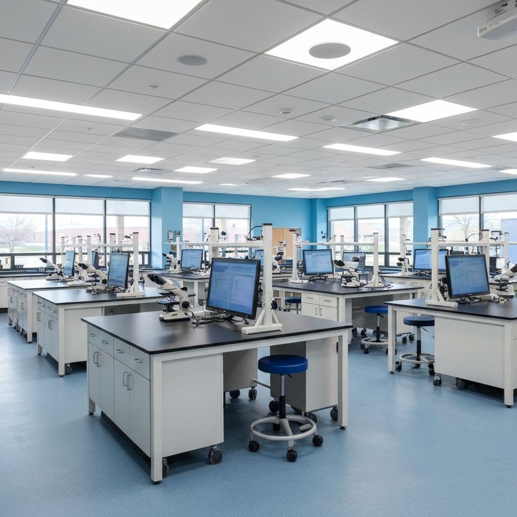 Installed science classroom with fixed workstations and supporting storage